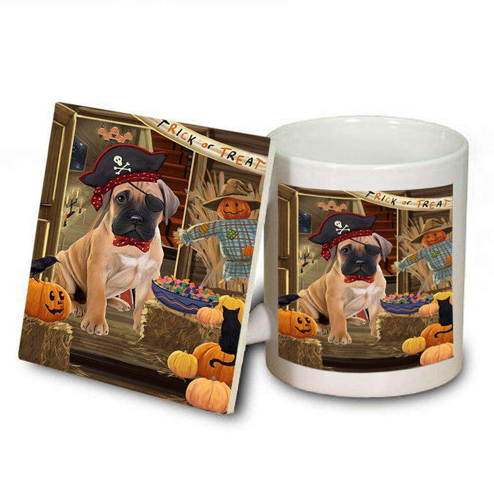 Enter at Own Risk Trick or Treat Halloween Bullmastiff Dog Mug and Coaster Set MUC53053