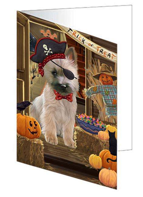 Enter at Own Risk Trick or Treat Halloween Cairn Terrier Dog Handmade Artwork Assorted Pets Greeting Cards and Note Cards with Envelopes for All Occasions and Holiday Seasons GCD63227