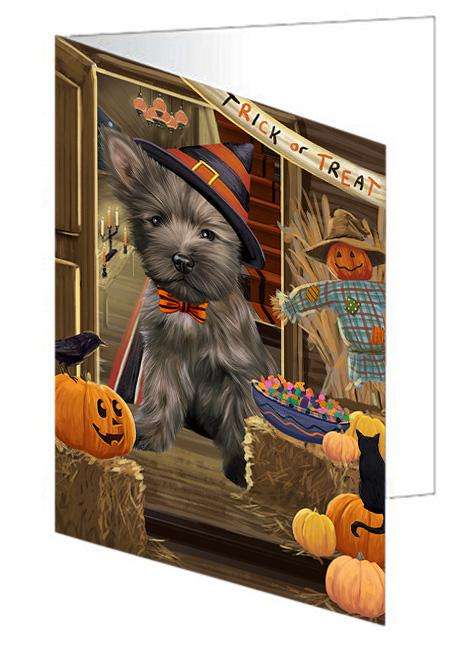 Enter at Own Risk Trick or Treat Halloween Cairn Terrier Dog Handmade Artwork Assorted Pets Greeting Cards and Note Cards with Envelopes for All Occasions and Holiday Seasons GCD63233