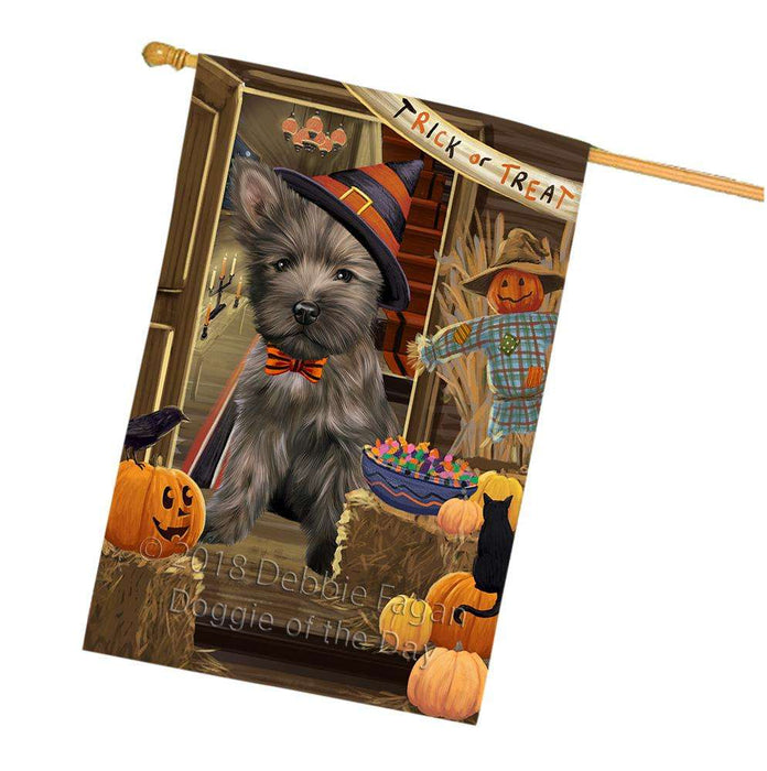Enter at Own Risk Trick or Treat Halloween Cairn Terrier Dog House Flag FLG53266