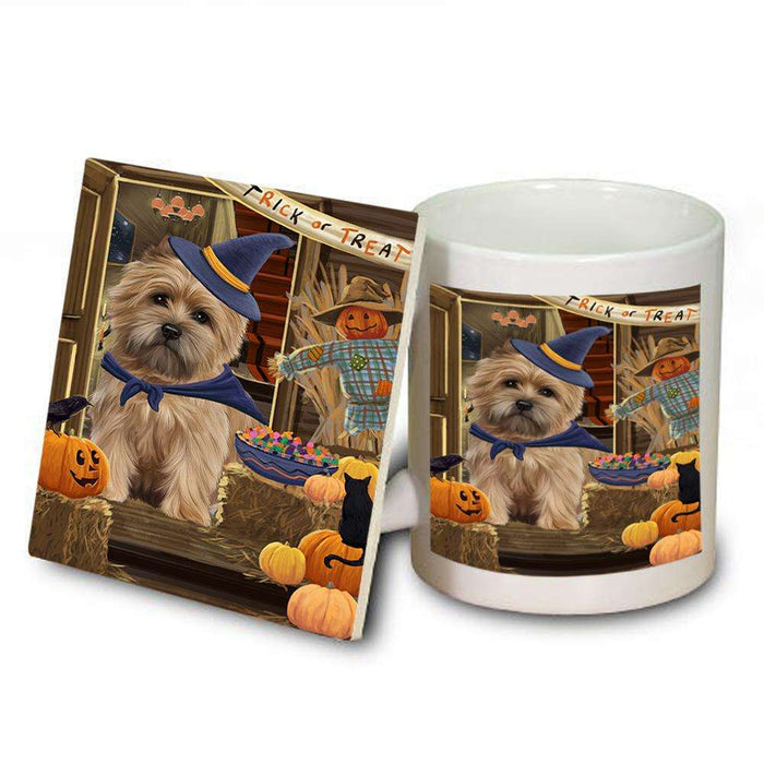 Enter at Own Risk Trick or Treat Halloween Cairn Terrier Dog Mug and Coaster Set MUC53056