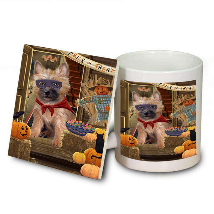 Enter at Own Risk Trick or Treat Halloween Cairn Terrier Dog Mug and Coaster Set MUC53057