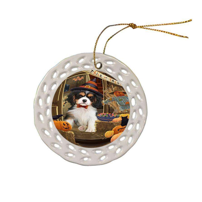 Enter at Own Risk Trick or Treat Halloween Cavalier King Charles Spaniel Dog Ceramic Doily Ornament DPOR53073