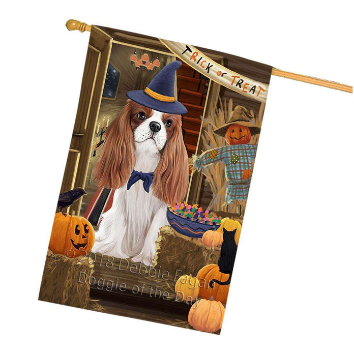 Enter at Own Risk Trick or Treat Halloween Cavalier King Charles Spaniel Dog House Flag FLG53267