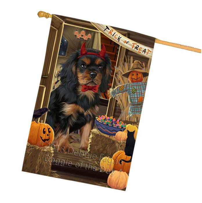 Enter at Own Risk Trick or Treat Halloween Cavalier King Charles Spaniel Dog House Flag FLG53270