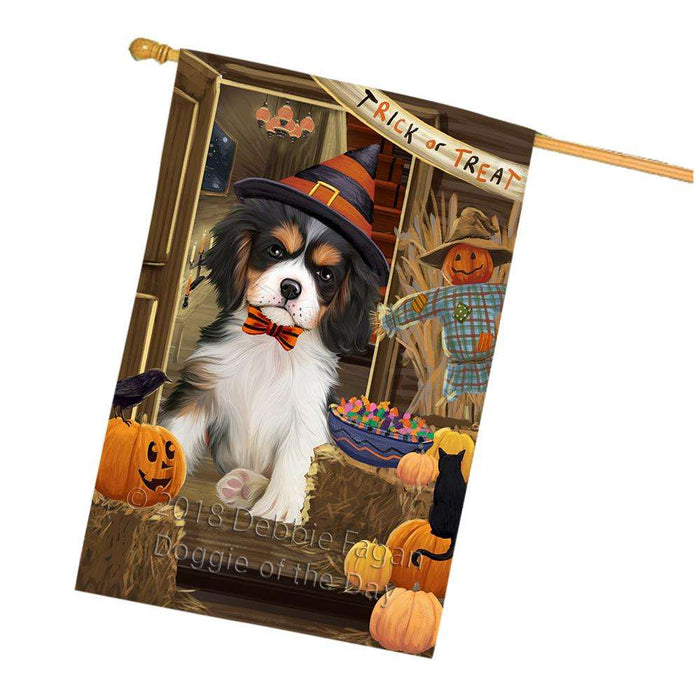 Enter at Own Risk Trick or Treat Halloween Cavalier King Charles Spaniel Dog House Flag FLG53271