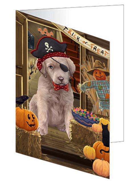 Enter at Own Risk Trick or Treat Halloween Chesapeake Bay Retriever Dog Handmade Artwork Assorted Pets Greeting Cards and Note Cards with Envelopes for All Occasions and Holiday Seasons GCD63257