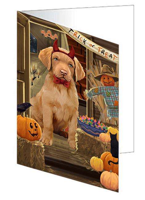 Enter at Own Risk Trick or Treat Halloween Chesapeake Bay Retriever Dog Handmade Artwork Assorted Pets Greeting Cards and Note Cards with Envelopes for All Occasions and Holiday Seasons GCD63260
