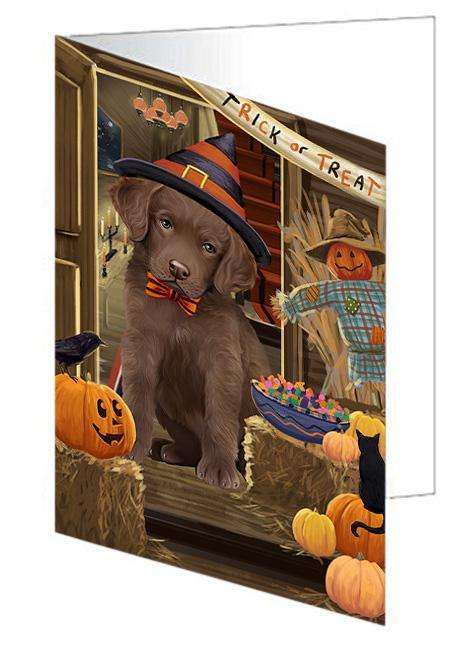 Enter at Own Risk Trick or Treat Halloween Chesapeake Bay Retriever Dog Handmade Artwork Assorted Pets Greeting Cards and Note Cards with Envelopes for All Occasions and Holiday Seasons GCD63263