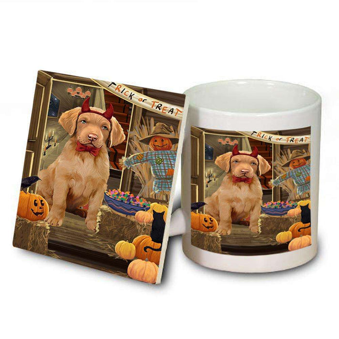Enter at Own Risk Trick or Treat Halloween Chesapeake Bay Retriever Dog Mug and Coaster Set MUC53069