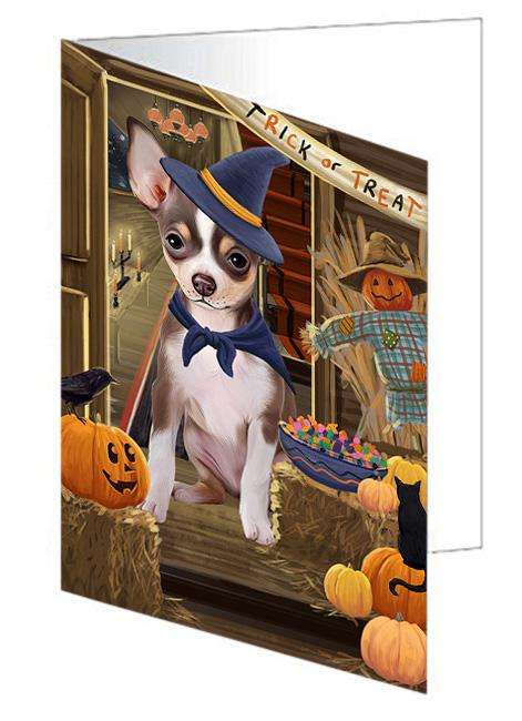 Enter at Own Risk Trick or Treat Halloween Chihuahua Dog Handmade Artwork Assorted Pets Greeting Cards and Note Cards with Envelopes for All Occasions and Holiday Seasons GCD63266