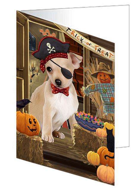 Enter at Own Risk Trick or Treat Halloween Chihuahua Dog Handmade Artwork Assorted Pets Greeting Cards and Note Cards with Envelopes for All Occasions and Holiday Seasons GCD63272
