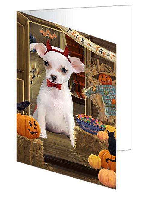 Enter at Own Risk Trick or Treat Halloween Chihuahua Dog Handmade Artwork Assorted Pets Greeting Cards and Note Cards with Envelopes for All Occasions and Holiday Seasons GCD63275