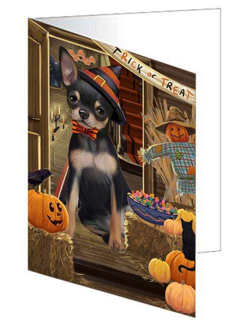 Enter at Own Risk Trick or Treat Halloween Chihuahua Dog Handmade Artwork Assorted Pets Greeting Cards and Note Cards with Envelopes for All Occasions and Holiday Seasons GCD63278