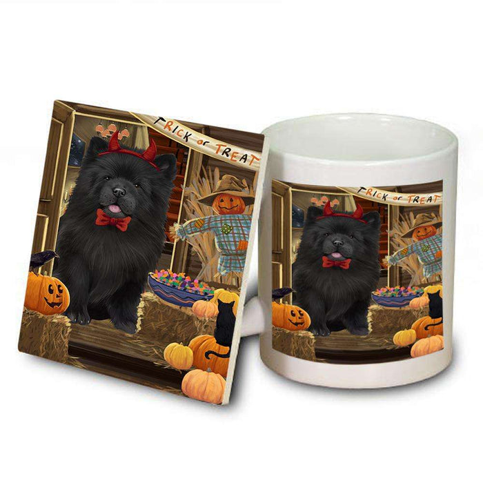 Enter at Own Risk Trick or Treat Halloween Chow Chow Dog Mug and Coaster Set MUC53079