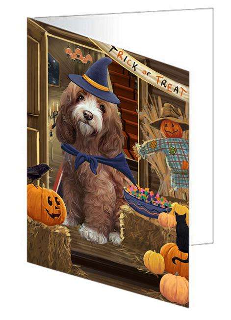 Enter at Own Risk Trick or Treat Halloween Cockapoo Dog Handmade Artwork Assorted Pets Greeting Cards and Note Cards with Envelopes for All Occasions and Holiday Seasons GCD63296