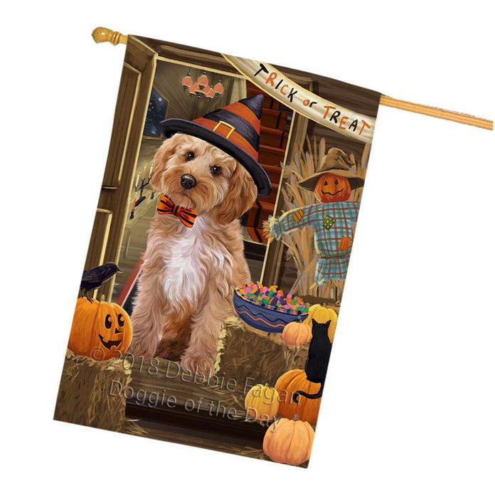 Enter at Own Risk Trick or Treat Halloween Cockapoo Dog House Flag FLG53291