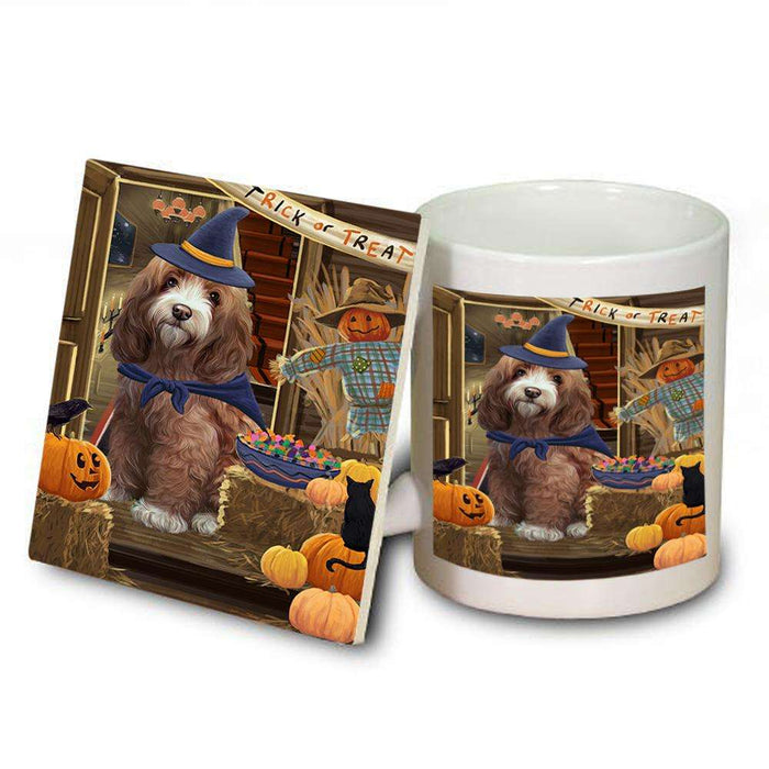 Enter at Own Risk Trick or Treat Halloween Cockapoo Dog Mug and Coaster Set MUC53081