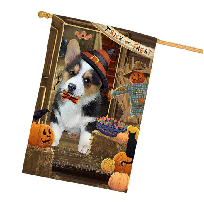 Enter at Own Risk Trick or Treat Halloween Corgi Dog House Flag FLG53301
