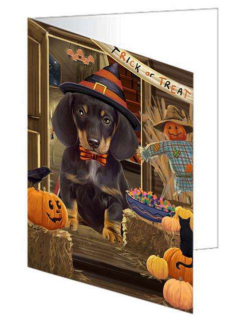 Enter at Own Risk Trick or Treat Halloween Dachshund Dog Handmade Artwork Assorted Pets Greeting Cards and Note Cards with Envelopes for All Occasions and Holiday Seasons GCD63353