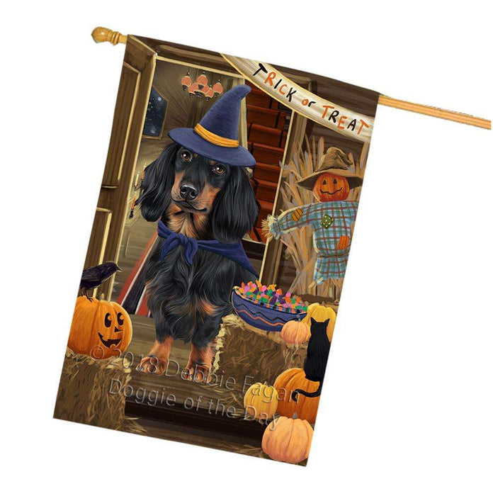 Enter at Own Risk Trick or Treat Halloween Dachshund Dog House Flag FLG53302