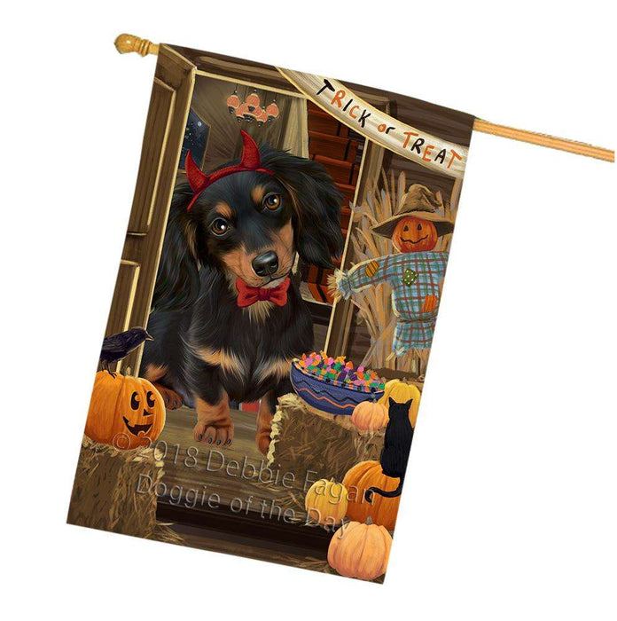 Enter at Own Risk Trick or Treat Halloween Dachshund Dog House Flag FLG53305