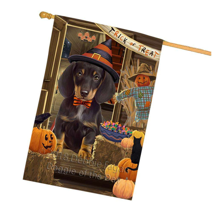 Enter at Own Risk Trick or Treat Halloween Dachshund Dog House Flag FLG53306