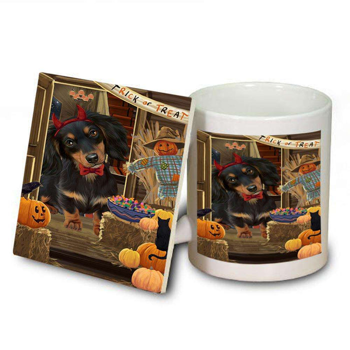 Enter at Own Risk Trick or Treat Halloween Dachshund Dog Mug and Coaster Set MUC53099