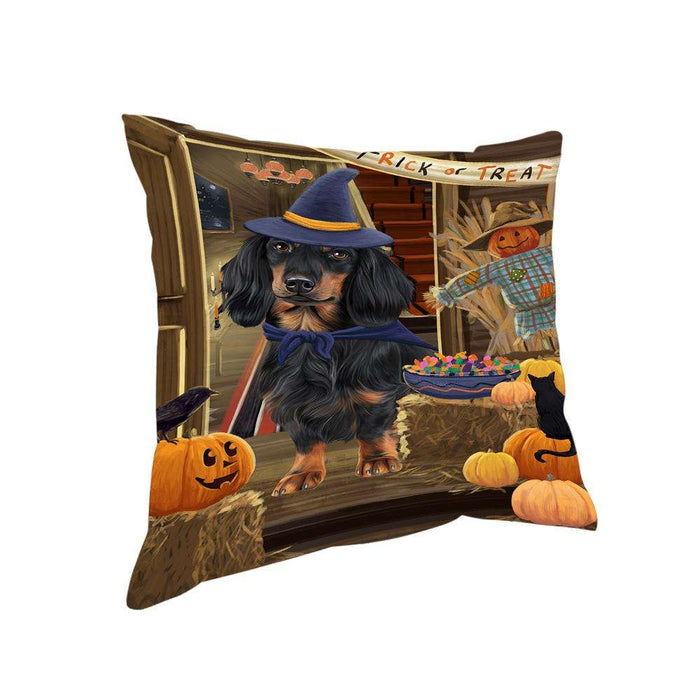 Enter at Own Risk Trick or Treat Halloween Dachshund Dog Pillow PIL68924