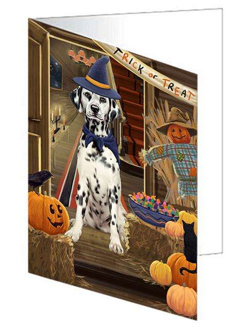 Enter at Own Risk Trick or Treat Halloween Dalmatian Dog Handmade Artwork Assorted Pets Greeting Cards and Note Cards with Envelopes for All Occasions and Holiday Seasons GCD63356