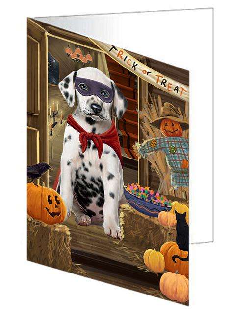 Enter at Own Risk Trick or Treat Halloween Dalmatian Dog Handmade Artwork Assorted Pets Greeting Cards and Note Cards with Envelopes for All Occasions and Holiday Seasons GCD63359