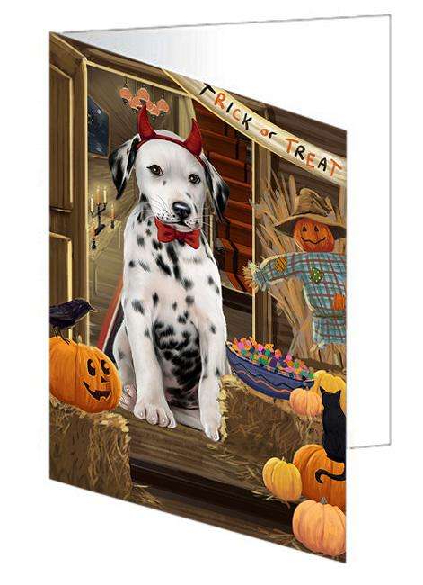 Enter at Own Risk Trick or Treat Halloween Dalmatian Dog Handmade Artwork Assorted Pets Greeting Cards and Note Cards with Envelopes for All Occasions and Holiday Seasons GCD63365