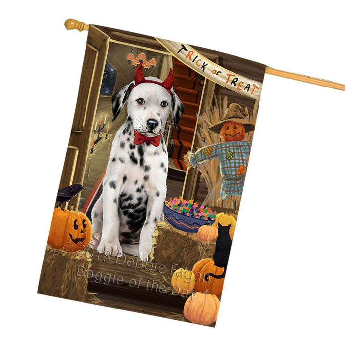 Enter at Own Risk Trick or Treat Halloween Dalmatian Dog House Flag FLG53310