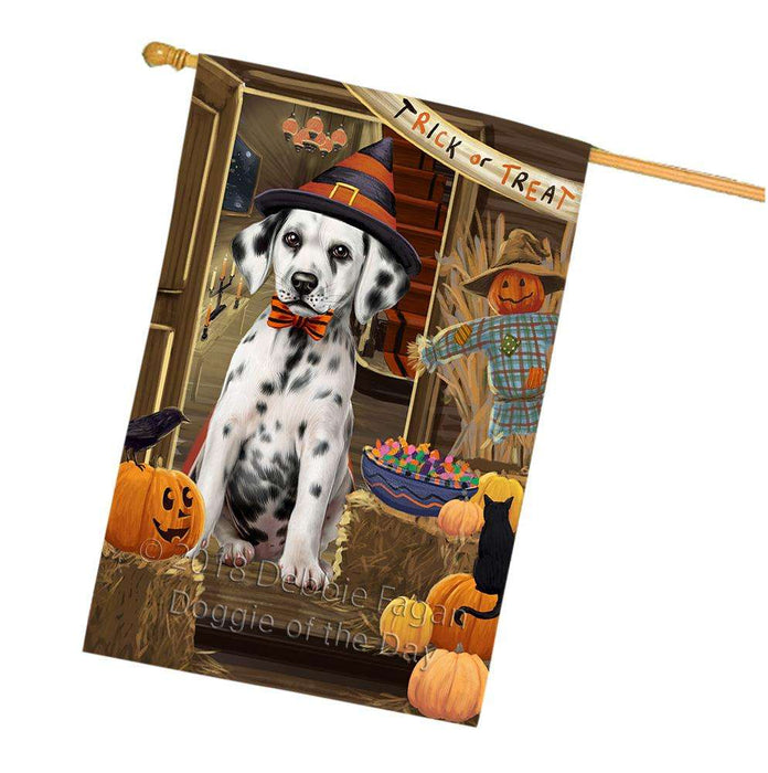 Enter at Own Risk Trick or Treat Halloween Dalmatian Dog House Flag FLG53311