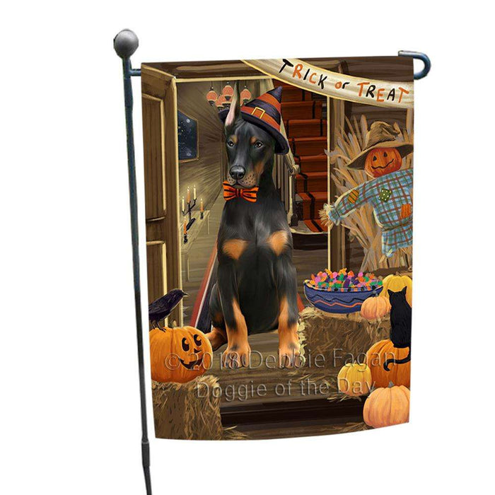 Enter at Own Risk Trick or Treat Halloween Doberman Pinscher Dog Garden Flag GFLG53180