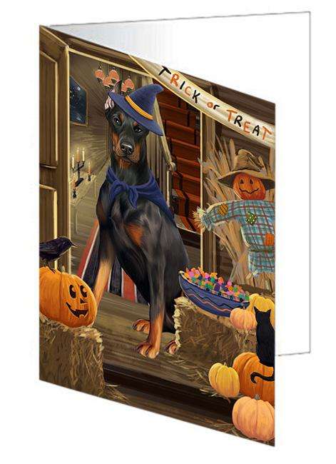 Enter at Own Risk Trick or Treat Halloween Doberman Pinscher Dog Handmade Artwork Assorted Pets Greeting Cards and Note Cards with Envelopes for All Occasions and Holiday Seasons GCD63371