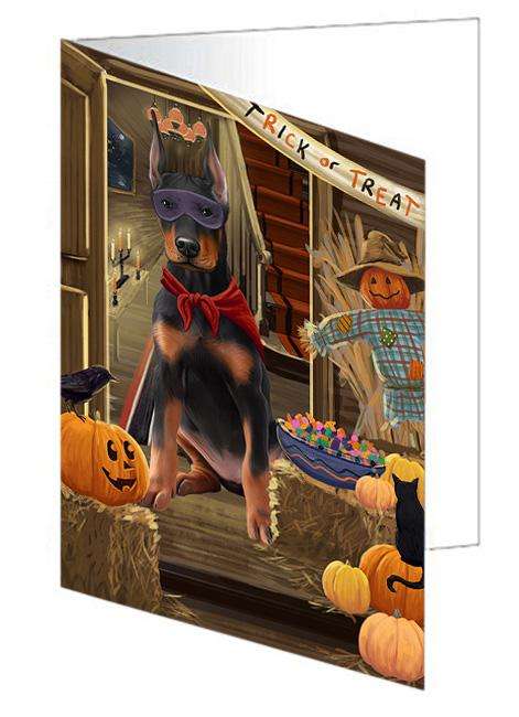 Enter at Own Risk Trick or Treat Halloween Doberman Pinscher Dog Handmade Artwork Assorted Pets Greeting Cards and Note Cards with Envelopes for All Occasions and Holiday Seasons GCD63374