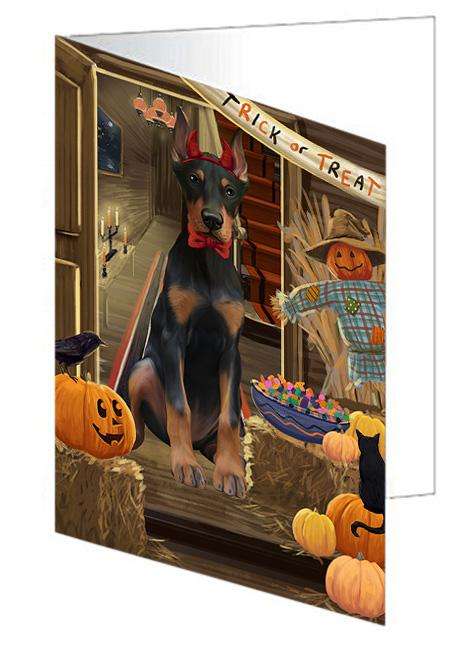 Enter at Own Risk Trick or Treat Halloween Doberman Pinscher Dog Handmade Artwork Assorted Pets Greeting Cards and Note Cards with Envelopes for All Occasions and Holiday Seasons GCD63380