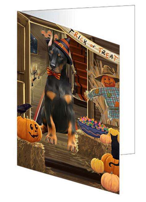 Enter at Own Risk Trick or Treat Halloween Doberman Pinscher Dog Handmade Artwork Assorted Pets Greeting Cards and Note Cards with Envelopes for All Occasions and Holiday Seasons GCD63383