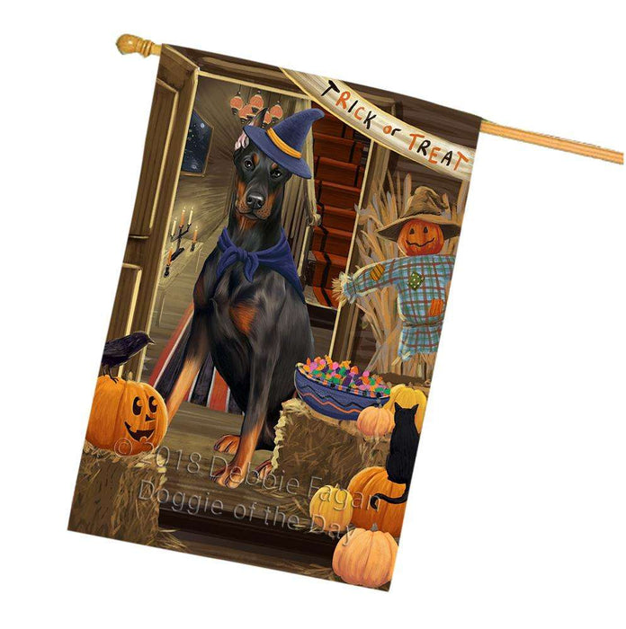 Enter at Own Risk Trick or Treat Halloween Doberman Pinscher Dog House Flag FLG53312