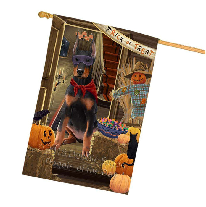 Enter at Own Risk Trick or Treat Halloween Doberman Pinscher Dog House Flag FLG53313