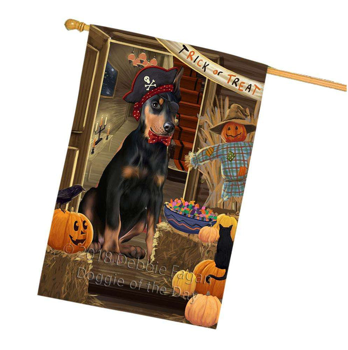 Enter at Own Risk Trick or Treat Halloween Doberman Pinscher Dog House Flag FLG53314