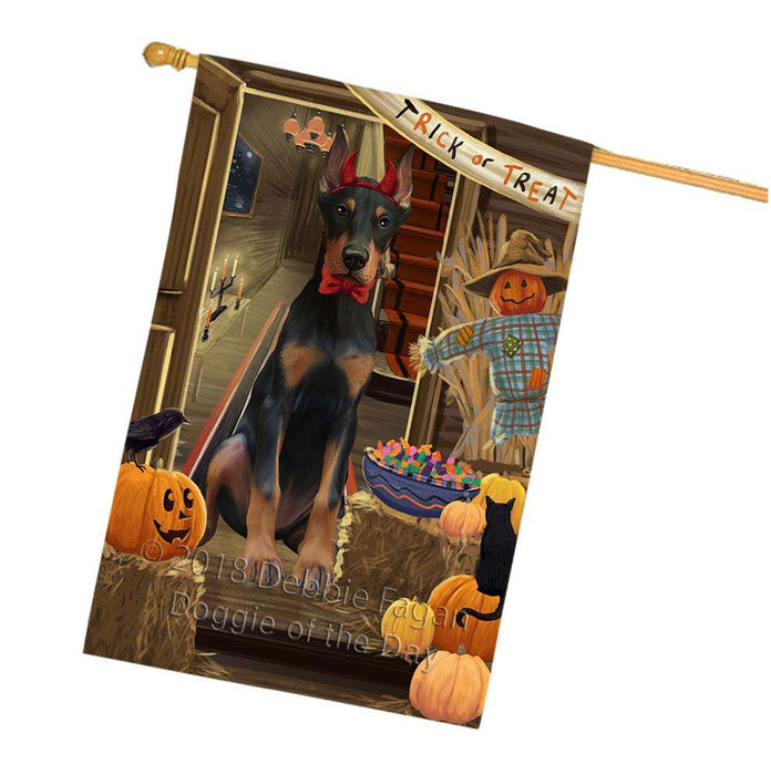 Enter at Own Risk Trick or Treat Halloween Doberman Pinscher Dog House Flag FLG53315