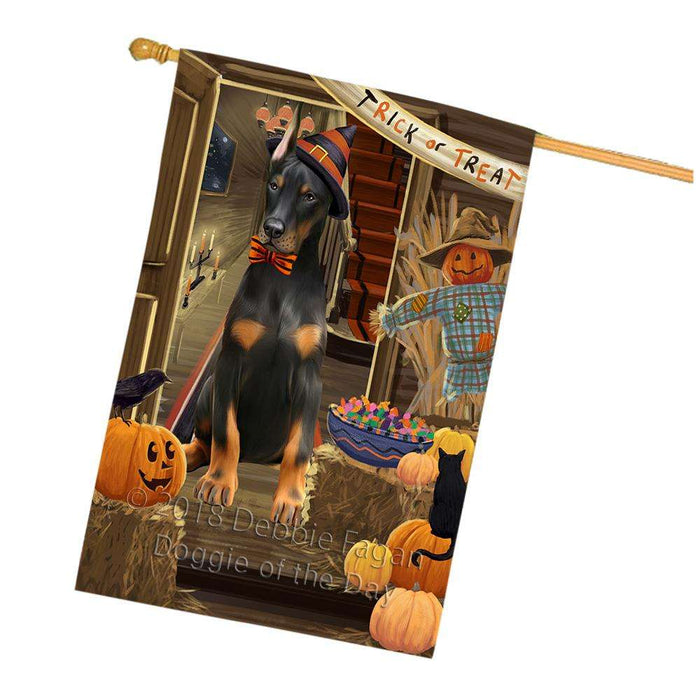 Enter at Own Risk Trick or Treat Halloween Doberman Pinscher Dog House Flag FLG53316