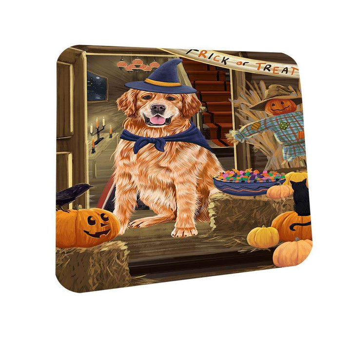 Enter at Own Risk Trick or Treat Halloween Golden Retriever Dog Coasters Set of 4 CST53088