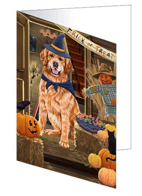 Enter at Own Risk Trick or Treat Halloween Golden Retriever Dog Handmade Artwork Assorted Pets Greeting Cards and Note Cards with Envelopes for All Occasions and Holiday Seasons GCD63416