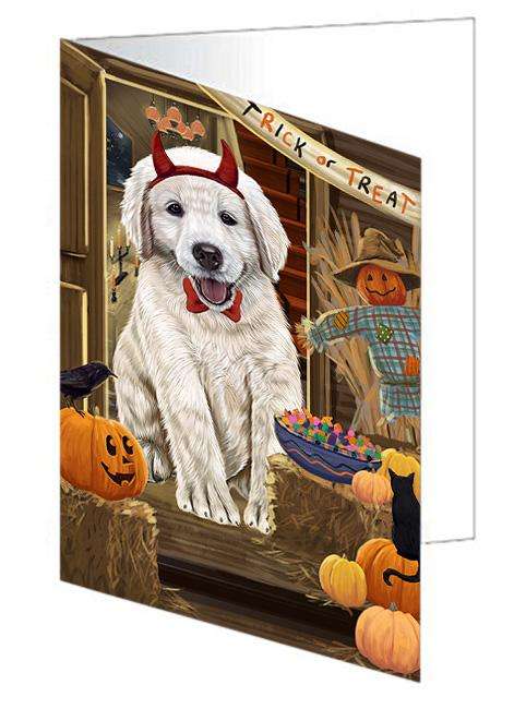 Enter at Own Risk Trick or Treat Halloween Golden Retriever Dog Handmade Artwork Assorted Pets Greeting Cards and Note Cards with Envelopes for All Occasions and Holiday Seasons GCD63425
