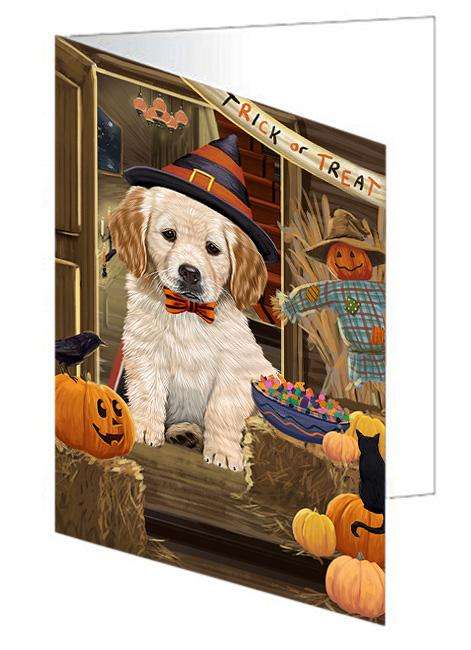 Enter at Own Risk Trick or Treat Halloween Golden Retriever Dog Handmade Artwork Assorted Pets Greeting Cards and Note Cards with Envelopes for All Occasions and Holiday Seasons GCD63428