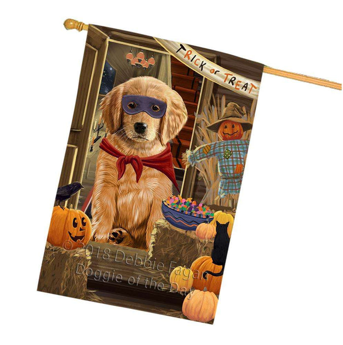 Enter at Own Risk Trick or Treat Halloween Golden Retriever Dog House Flag FLG53328