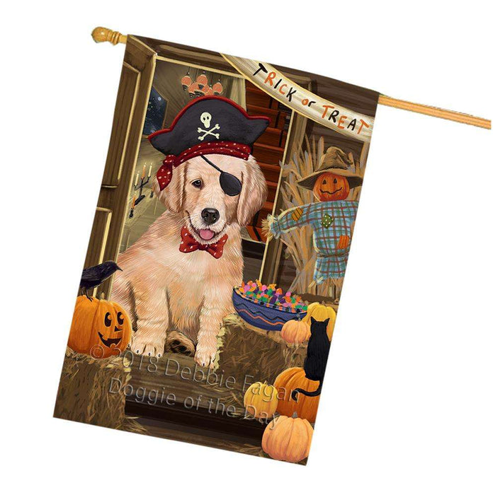 Enter at Own Risk Trick or Treat Halloween Golden Retriever Dog House Flag FLG53329